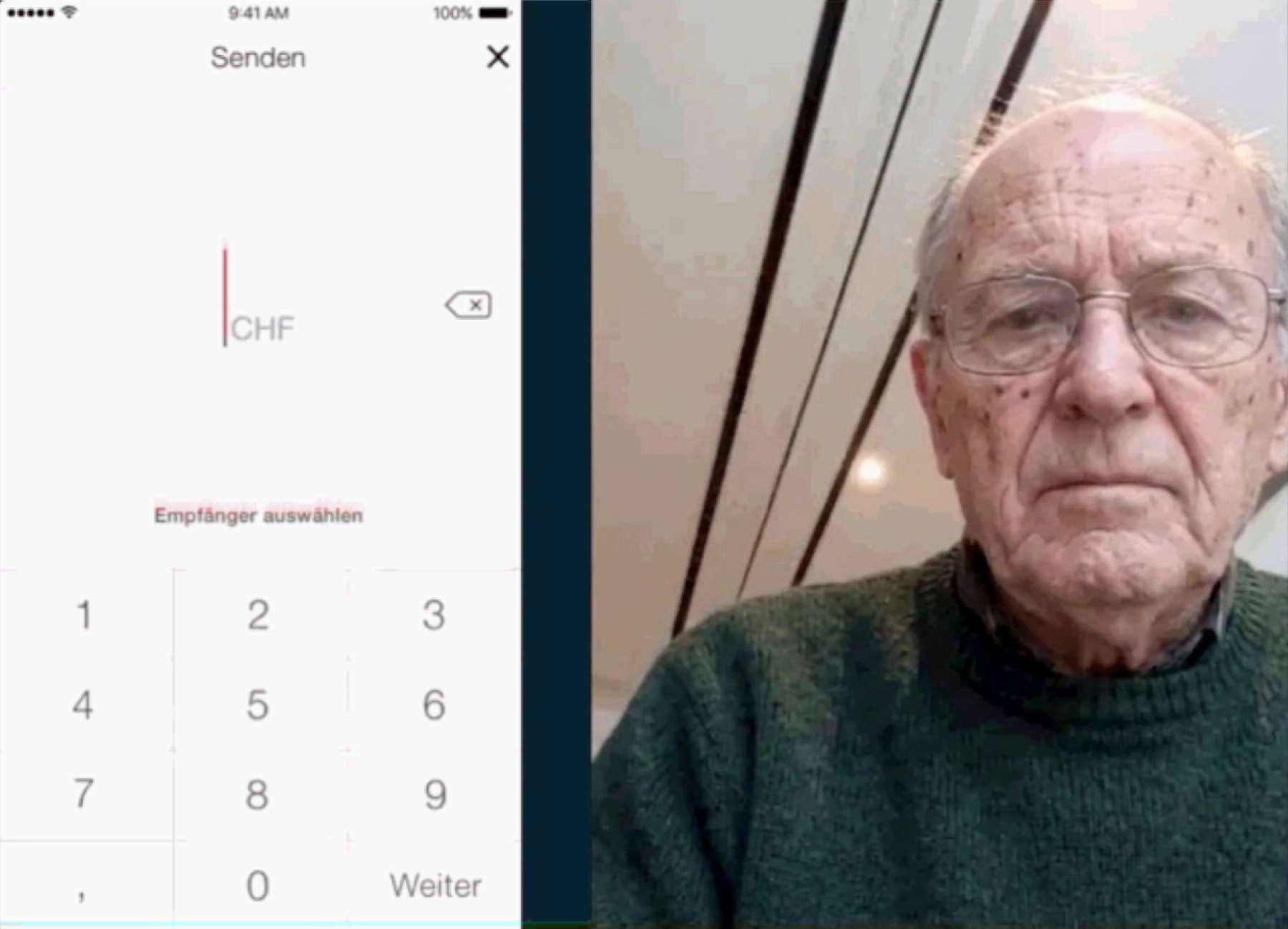 Screen cut of a user test app: On the left the amount entered in the payment app, on the right the face of the 76-year-old user recorded via the smartphone front camera for the analysis of facial expressions and reactions.