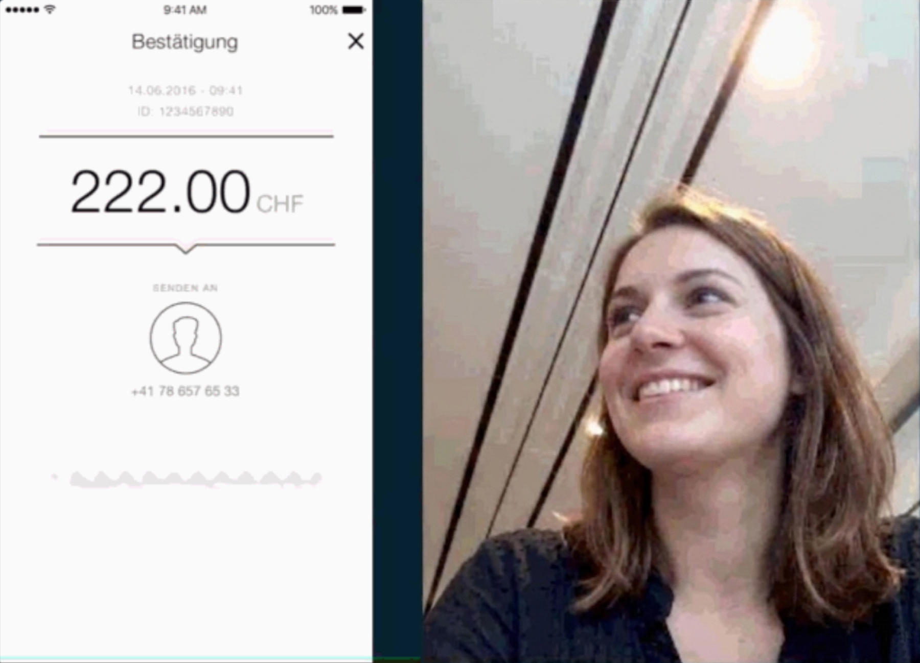 Screen cut of a user test app: On the left the transmission confirmation of the payment app, on the right the face of the 23-year-old user recorded via the smartphone front camera for the analysis of facial expressions and reactions.
